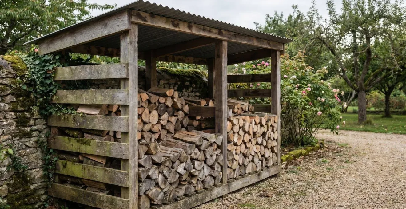 Rangement de bûches de chauffage dans un abri ventilé extérieur, bois bien séché et empilé