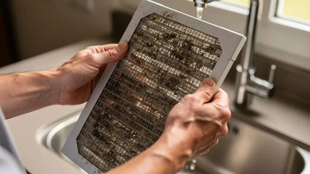 Hands holding a dusty air conditioning filter above a sink for cleaning.