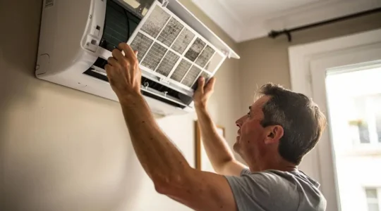 Homeowner removing the dust filter from a wall-mounted air conditioning unit in a residential interior.