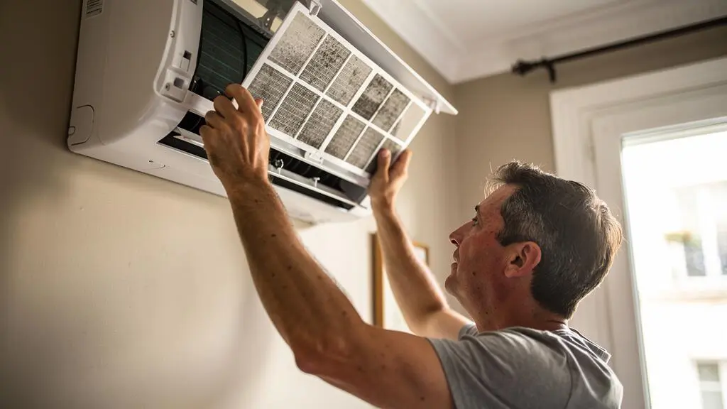Homeowner removing the dust filter from a wall-mounted air conditioning unit in a residential interior.