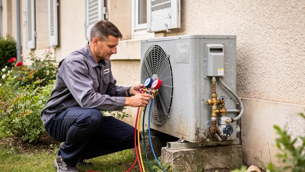 HVAC technician checking refrigerant levels on an outdoor air conditioning unit with diagnostic equipment.