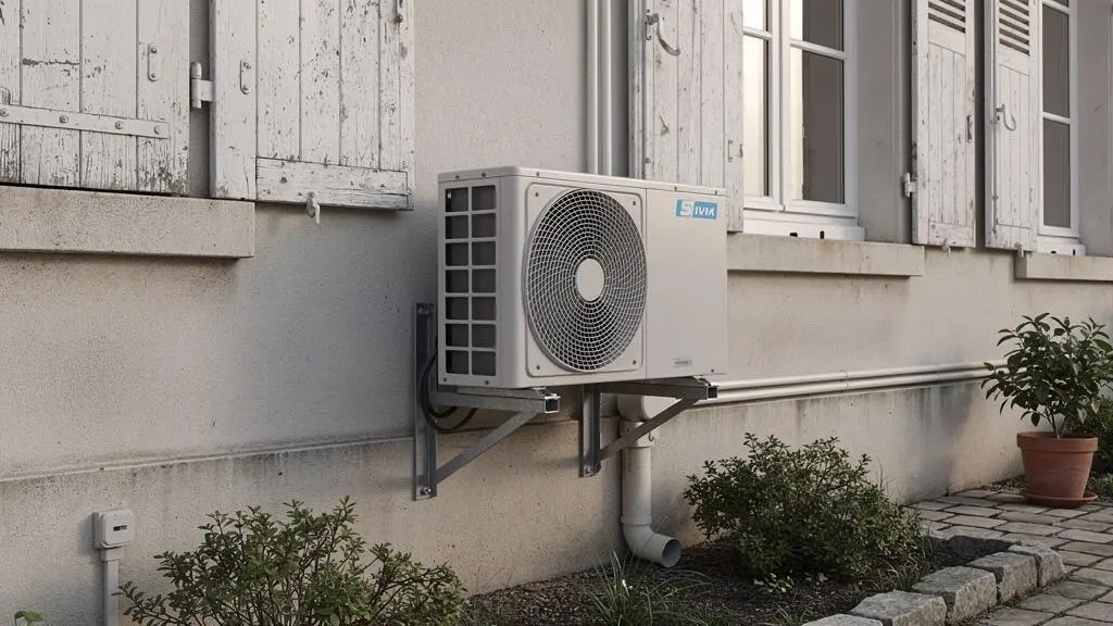 Outdoor air conditioning unit installed on the facade of a French residential building.