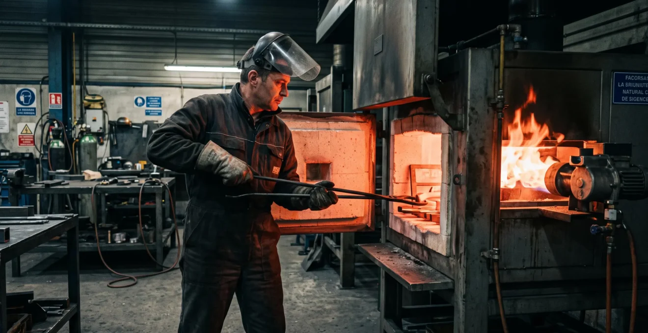 Métallurgiste manipulant des pièces métalliques chauffées devant un four de traitement thermique alimenté au gaz