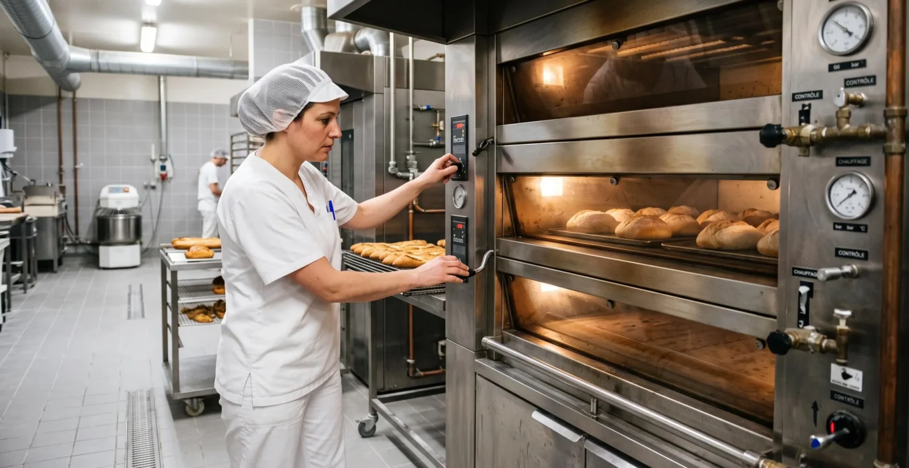 Opérateur surveillant un four industriel alimenté au gaz dans une usine agroalimentaire