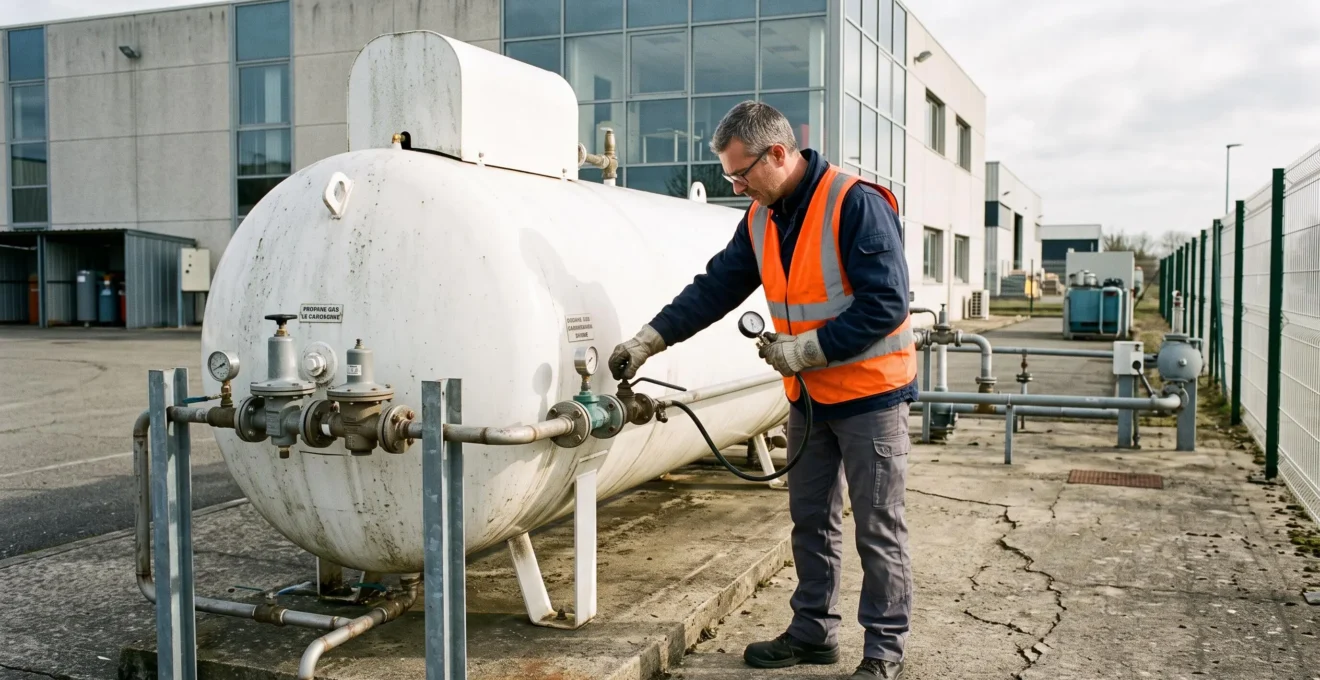 Technicien effectuant un contrôle de sécurité sur une citerne de gaz propane installée devant un bâtiment industriel