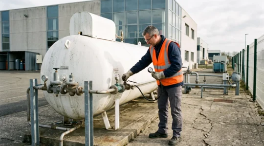 Technicien effectuant un contrôle de sécurité sur une citerne de gaz propane installée devant un bâtiment industriel