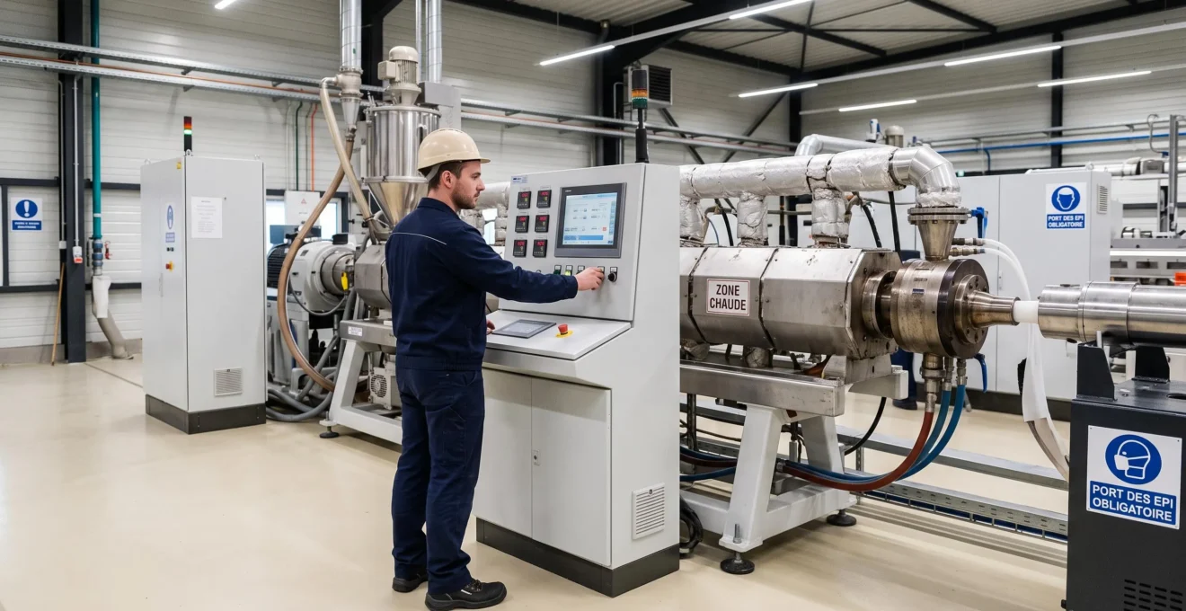 Technicien contrôlant une machine d'extrusion plastique chauffée au gaz dans une usine de plasturgie